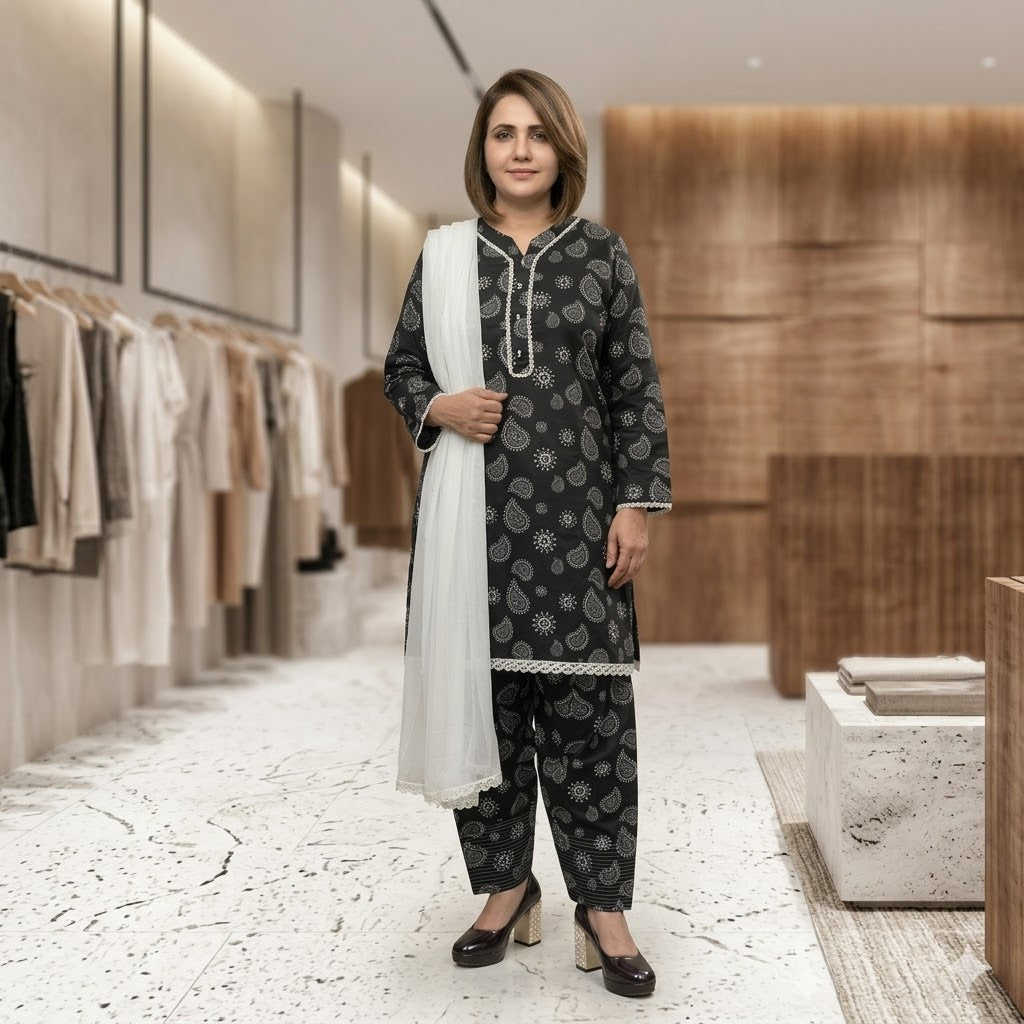 Ready-to-Wear Black Printed Lawn/Cotton short kurti with Farshi shalwar