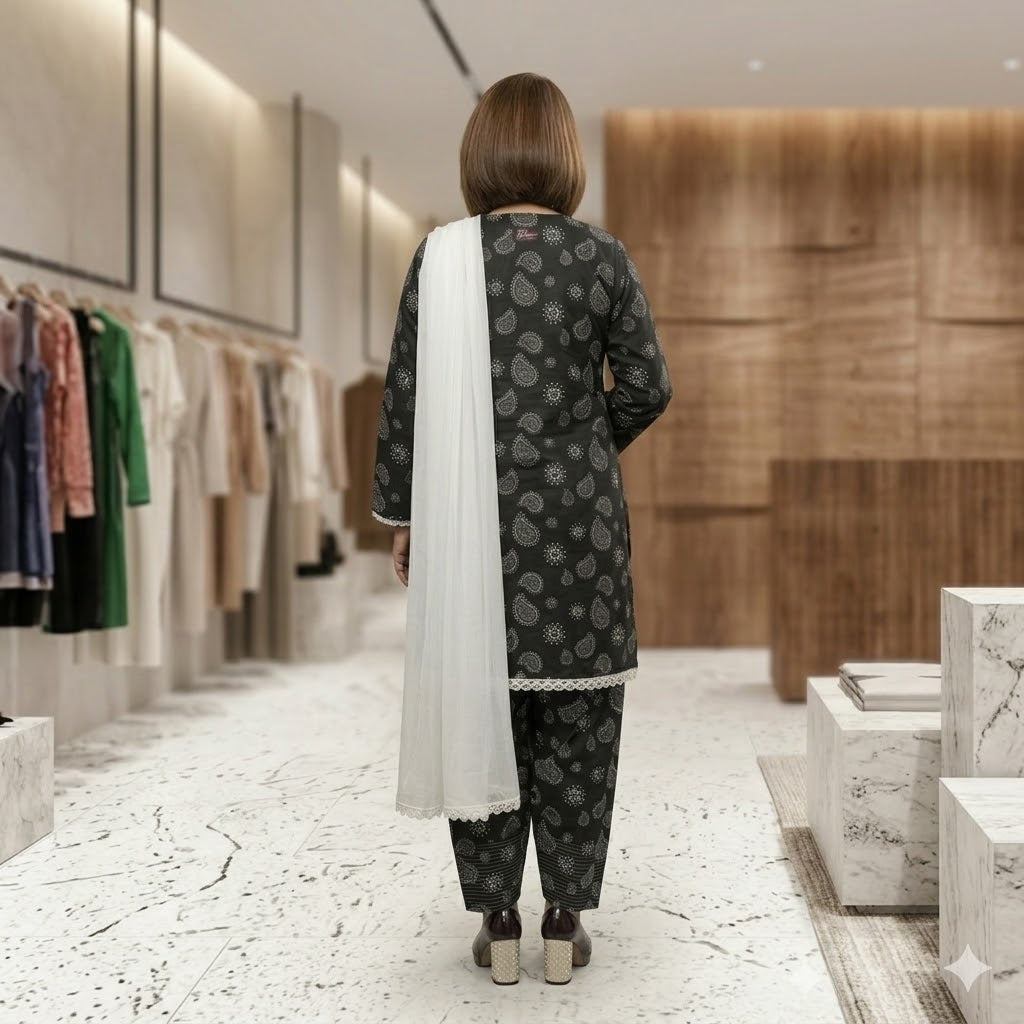 Ready-to-Wear Black Printed Lawn/Cotton short kurti with Farshi shalwar