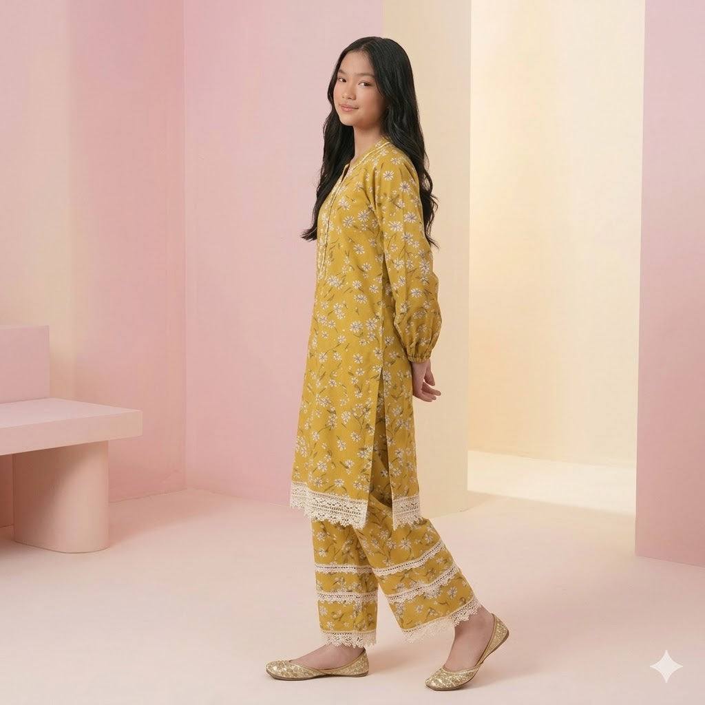 Young Girls Mustard Yellow Daisy Print 2PC Suit with Lace Detailing