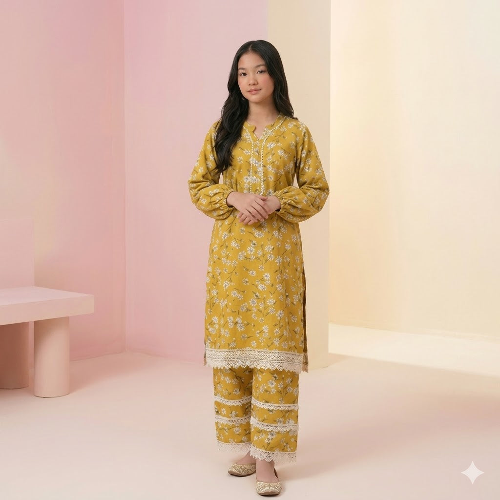 Young Girls Mustard Yellow Daisy Print 2PC Suit with Lace Detailing