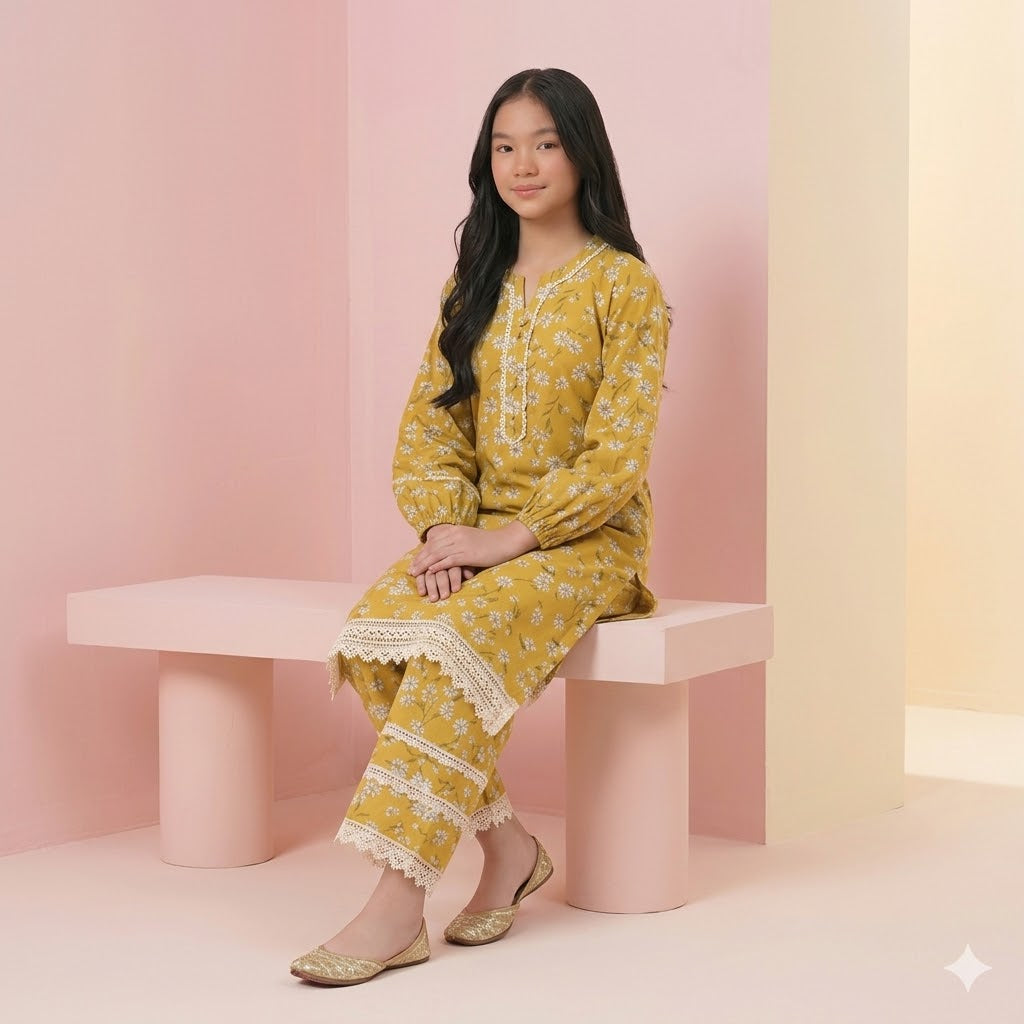 Young Girls Mustard Yellow Daisy Print 2PC Suit with Lace Detailing